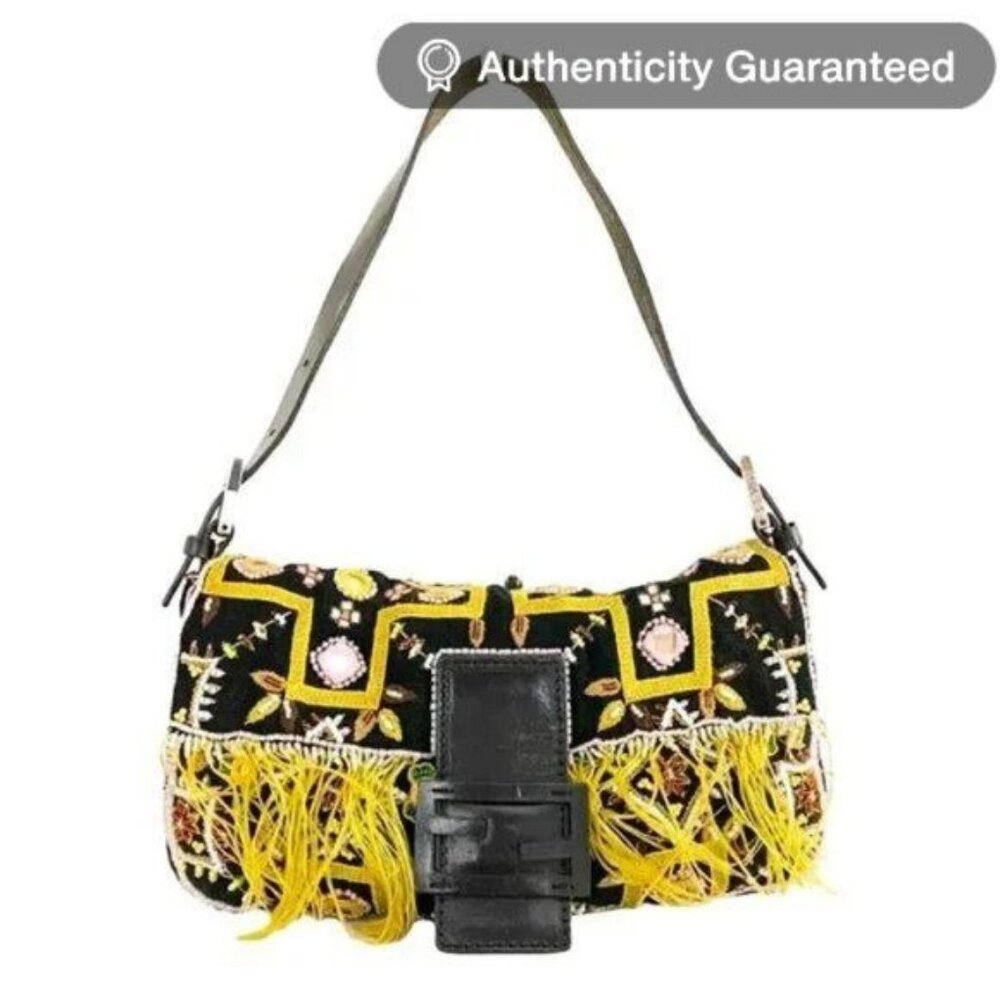 Authentic FENDI Mamma Baguette Beaded Fringe Mirror Shoulder Bag Bucket Hand Bag